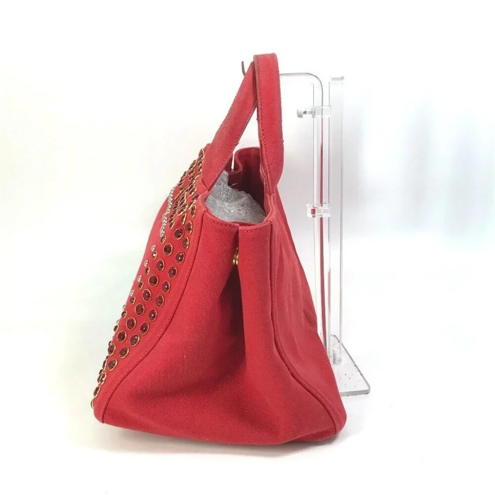 PRADA triangle logo plate Kanapa GM Bijoux Hand Bag Tote Bag Canvas Red - Picture 11 of 16